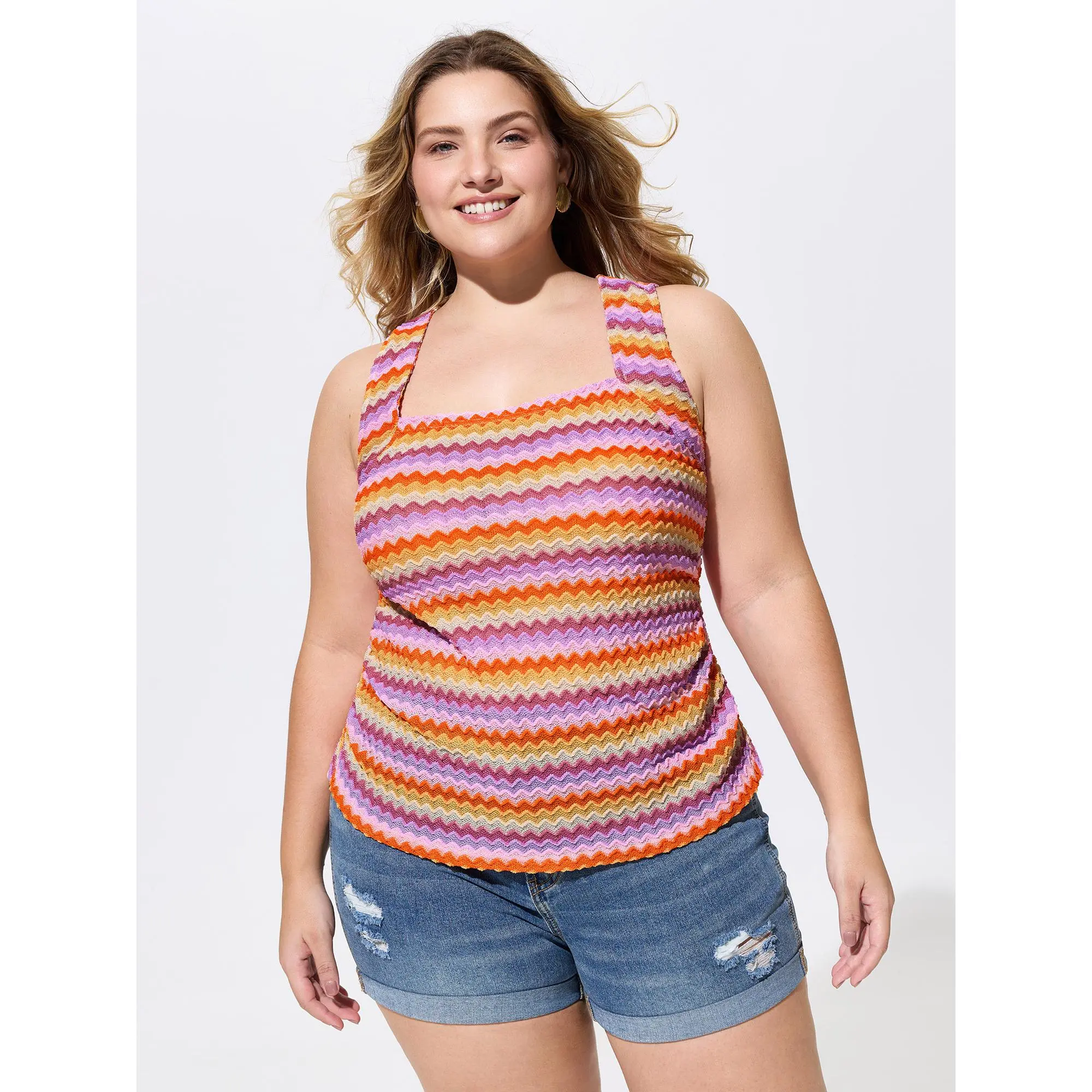 BloomChic Plus Size Breathable Striped Knit Tank Top, Simple Resort Style with Wide Straps for Summer Vacation, Fabric, Lady, Sleeveless, Spandex, Everyday, Clothes, Polyester Blend, Resort Vibe, Bloom Chic Women's Tanks & Camis