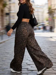 Women's Plus Size Two-Piece Set, Summer New Fashion Elegant Casual Chic Long Sleeve Top and Leopard Print Wide Leg Pants, High Waist Curve Pants