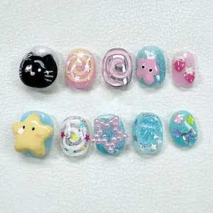 T112 Lynn Candy Galaxy Dreams Press-On Nails, 3D Star & Cat Charms, Sweet Pink & Aqua Blue Swirls, Fruit & Glitter Details, Handmade Kawaii Style, Custom Nails, Gift for Her