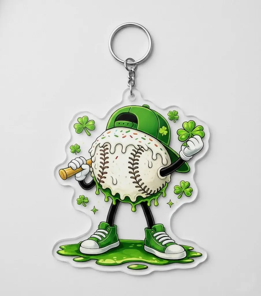 St Patrick’s Day Baseball Keychain, Funny Shamrock Baseball Acrylic Keyring, Lucky Sports Gift, Funny Baseball Shamrock Keychain