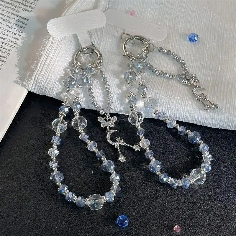 Luxury Crystal Beaded Phone Charm Strap Aesthetic Grey Blue Phone Lanyard Anti-loss Wristlet Keychain Bag Pendant for Women