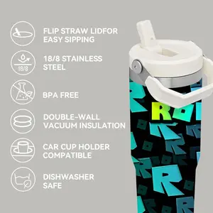 Hot Game R-Roblox Vacuum Flasks 30oz Stainless Steel Thermal Flip Straw Tumbler with Handle | Portable Leakproof Twist Lid | Double Wall Vacuum Insulated BPA-Free Reusable Cup for Gym, Work & Travel Insulated Mug