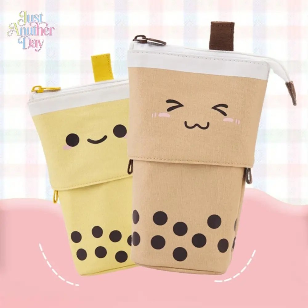Cute Boba Tea Telescopic Pencil Case, Standing Retractable Pen Holder, Kawaii Cartoon Bubble Tea Canvas Stationery Organizer, 2-in-1 Pencil Pouch for Students, Kids & Office