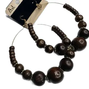 Big Gold Hoop Earring w/ Loads of Wood Beads Ethnic Casual
