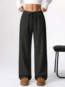 Women's Linen Blend High Waist Wide Leg Pants LinenPants - Elastic Drawstring Casual Trousers Breathable Textured Pants, Casual Chic Bottoms, Neutral Tone Loose Fit Streetwear Pants summeroutfits for Daily Wear & Vacation Commute, 4 Colors Available
