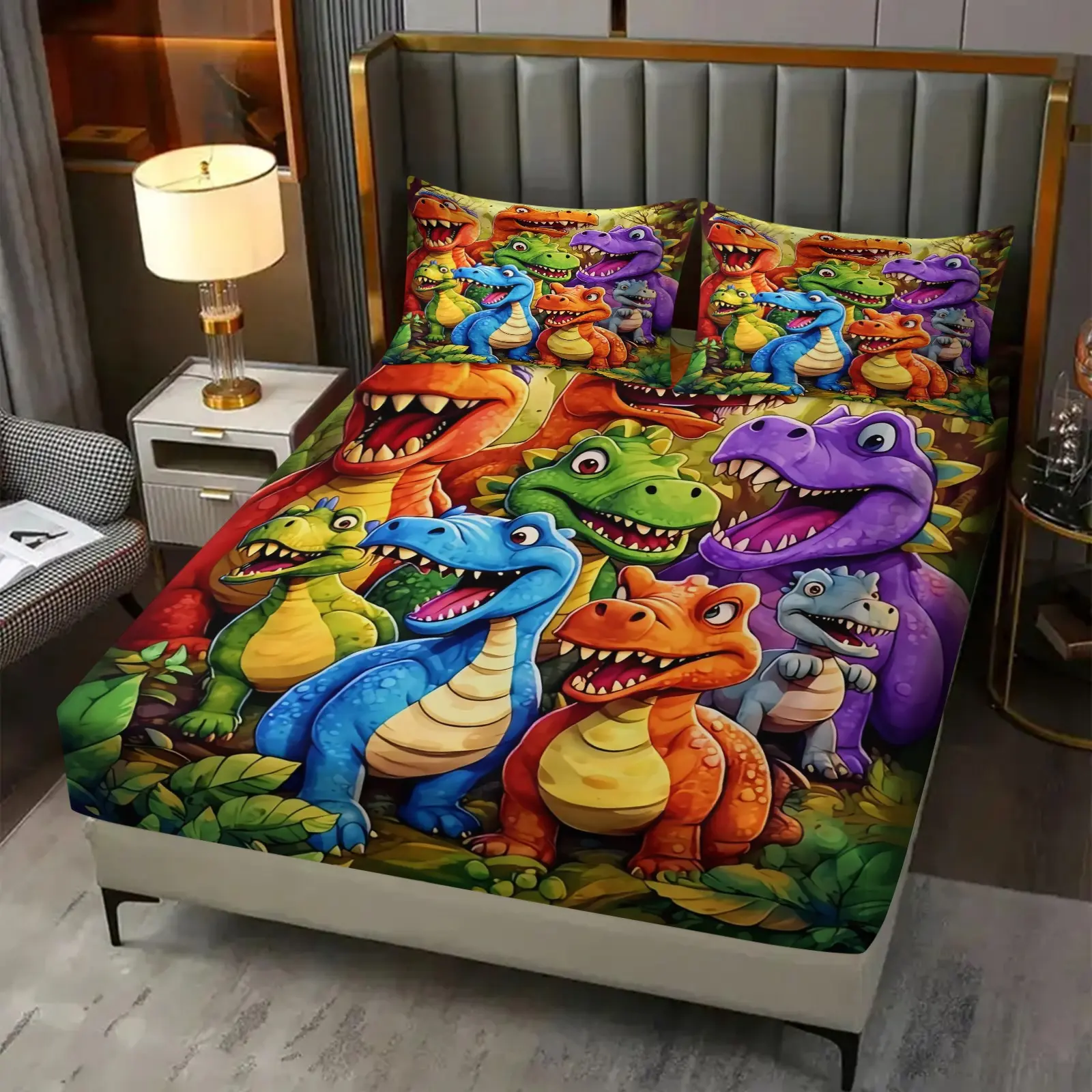 3 pcs Jurassic Dinosaur World Printed Children'S Bedding Set, Dinosaur Theme, Modern Design, Cartoon Dinosaur Pattern Fitted Sheet Set, Suitable for Kids' Bedroom Decoration, Soft and Comfortable, Including 1 Fitted Sheet and 2 Pillowcases