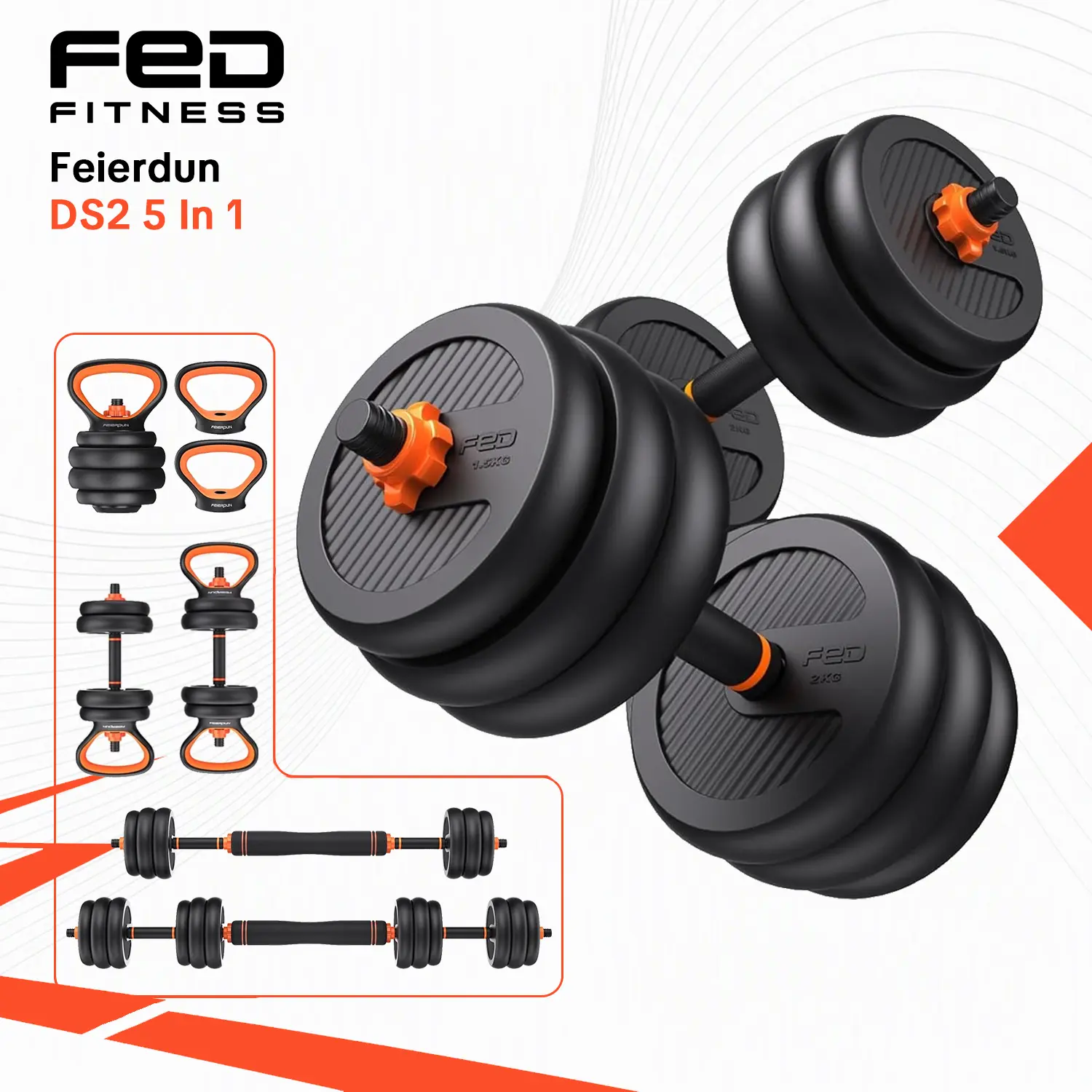 FEIERDUN DS2 Adjustable Dumbbells Set - 20/30/40/45/70/90lbs Free Weights with Connector, 5-in-1 Design for Barbell, Kettlebell, Push-Up Stand, Weight Plate Use, Home Gym Fitness Equipment for Men/Women