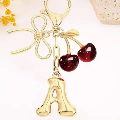 【Black Friday】Cherry and Bow Letter Pendant Keychain for Women, Casual Bag Charm for Wallets, Handbags and Backpacks, Car Key Holder