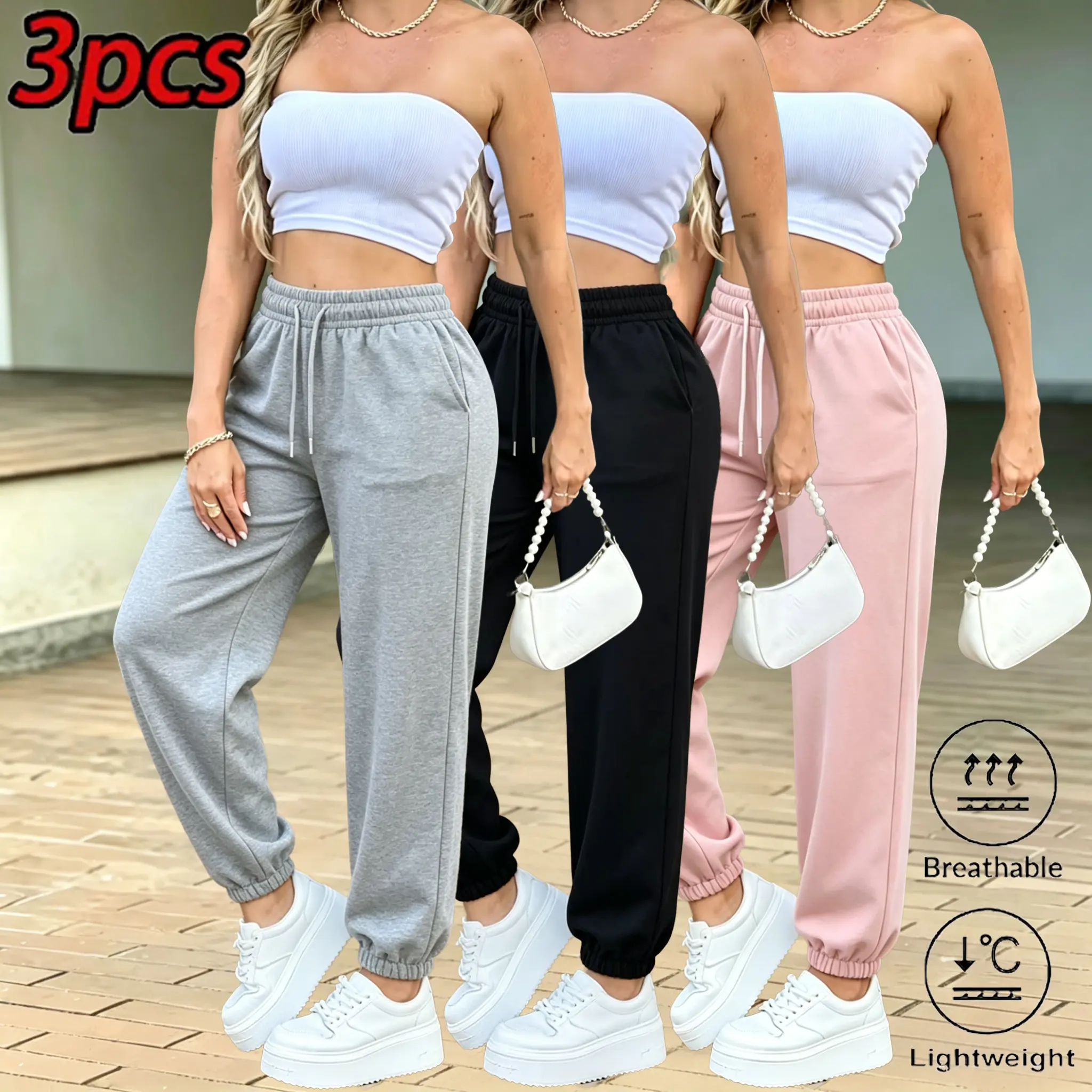 Women's Clothing 3-Pack High-Waist Jogger Sweats - Breathable, Skin-Friendly Elastane Casual Sports Pants with Drawstring Cuffs