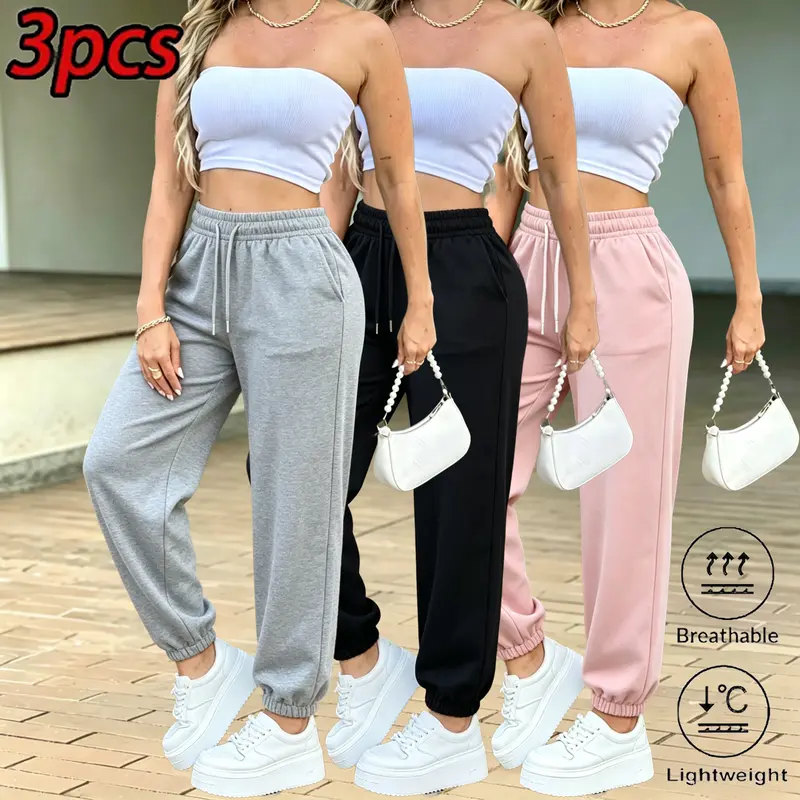 Women's 3-Pack High-Waist Cuffed Joggers - Cool, Breathable Synthetic Elastic Waist Drawstring Jogger Sweatpants with Added Support for Athletes, Workout Wear, Joggers Sweatpants