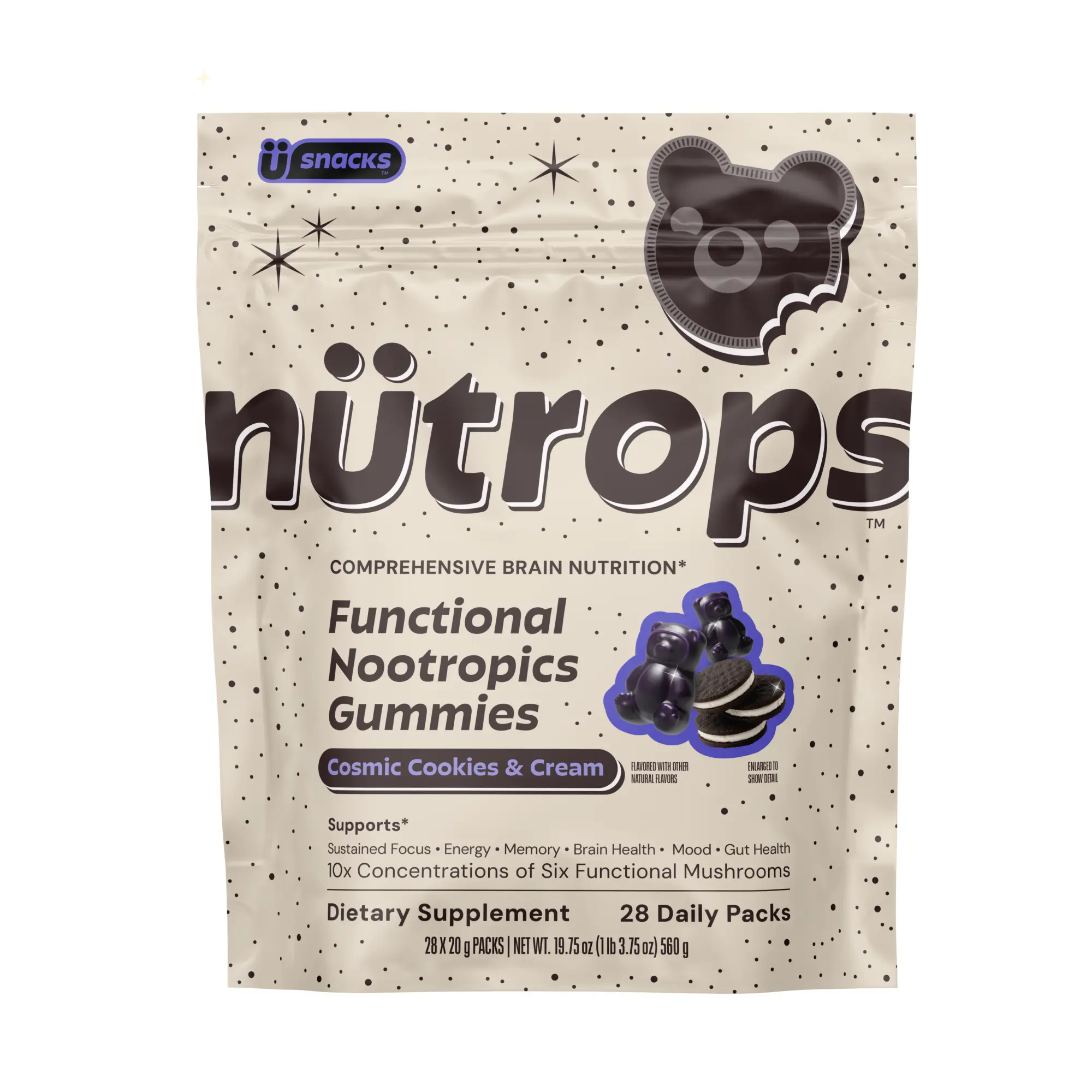Nütrops Cookies and Cream Gummies (Limited Edition): Functional nootropic supplement with 1,000mg 10:1 organic mushroom extract from 6 mushrooms: Lion's Mane, Cordyceps, Reishi, Chaga, Maitake, Coriolus, Caffeine Free, Gluten Free, Vegan