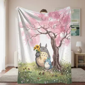 Cute Forest Companions Flannel Throw Blanket - Cherry Blossom Print Floral All Season Animal Artwork Adorable Style Ultra Soft Warm Lightweight for Bedroom, Sofa, Birthday Gift, Floral Blanket, All Season Blankets