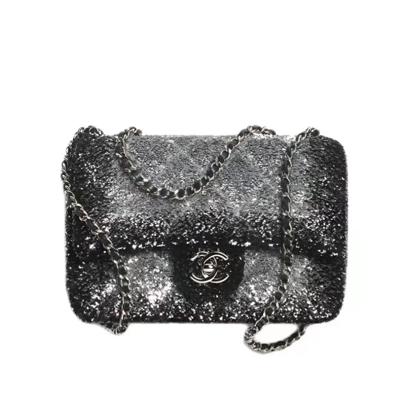 Pre-owned CHANEL Mini CF Square Crossbody Bag Black Silver Gradient Sequined Leather, Flap Top, Chip Edition (2604706) Ideal for Night Out