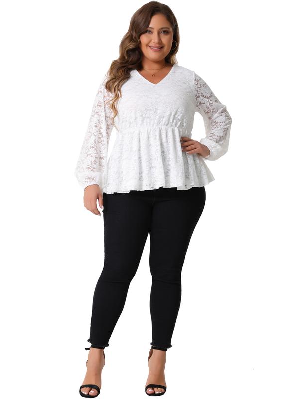 Agnes Orinda Plus Size Lace Tops for Women Casual Elegant V Neck Long Sleeve Floral Peplum Blouses White
