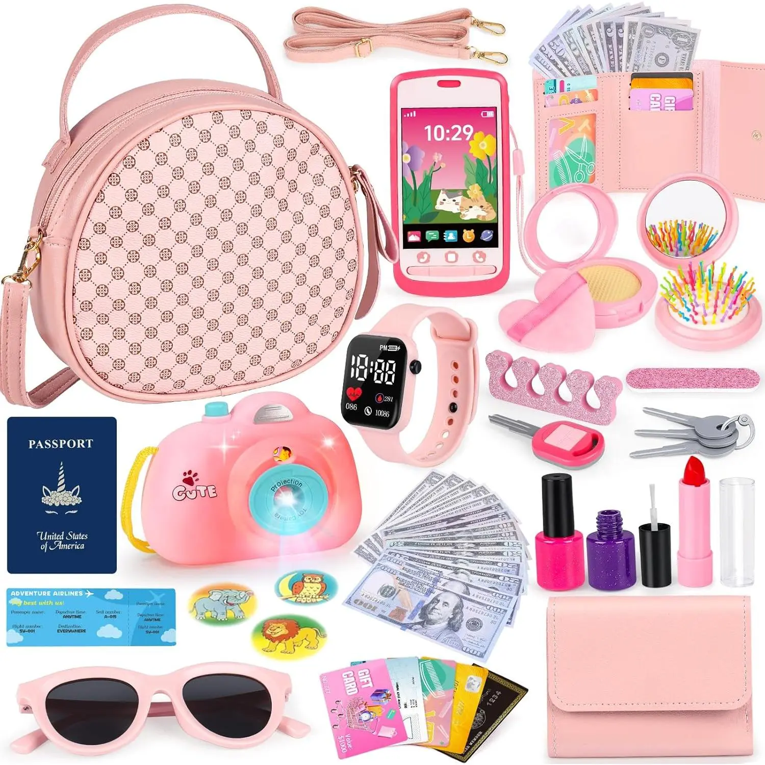 F-LBK05  Toddler Play Purse Toy for Little Girls, 40PCS Kids Purse with Pretend Princess Toys Includes Handbag, Camera with Projector, Phone, Wallet, Kids Birthday Gift Toddler Girl Toys for 3 4 5 6+