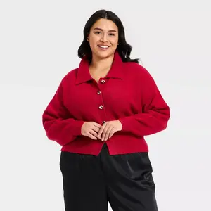 Women's Long Sleeve Heart Button Cardigan Sweater - A New Day Dark Red 4X