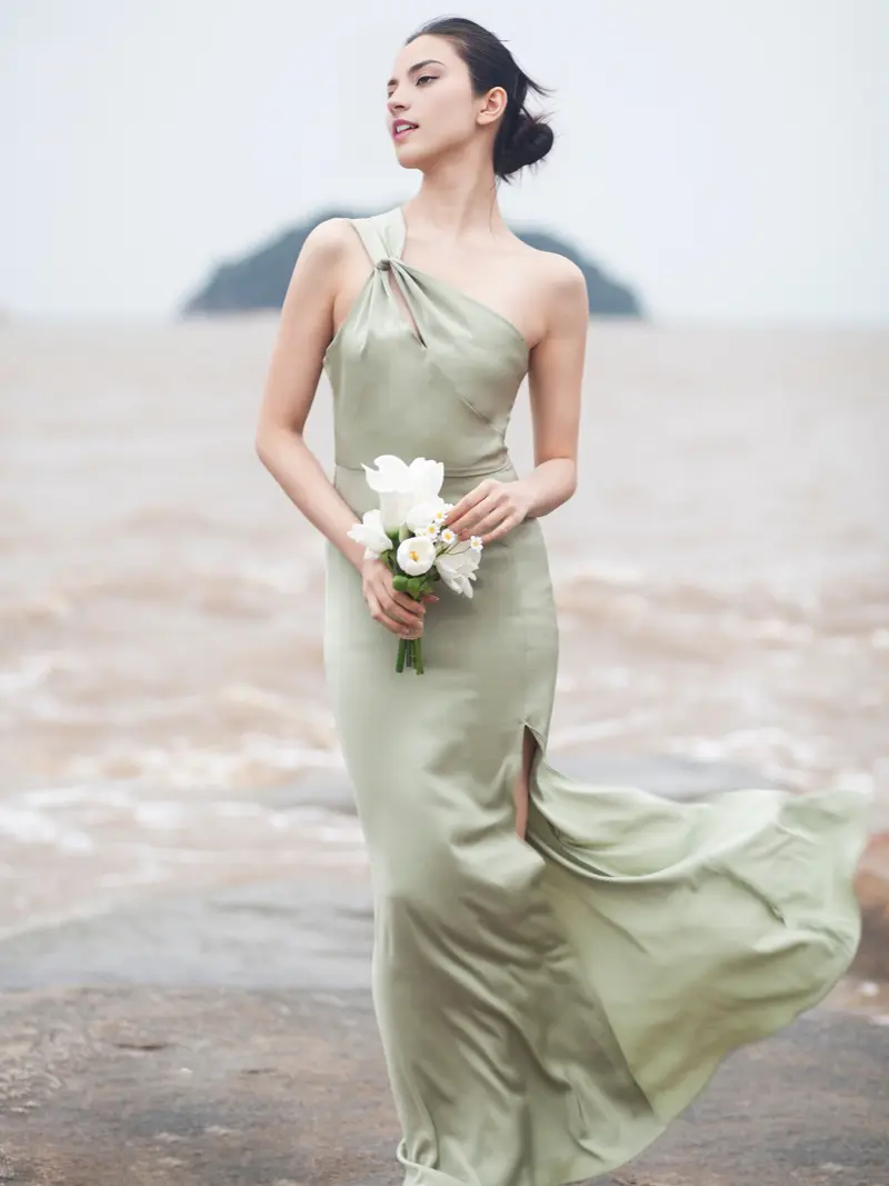 bridesmaid dresses sage green satin Sage Green Bridesmaid Dress Satin Off Shoulder – Lisposa main image 0