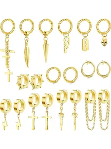 26Pcs Clip On Earrings for Men Stainless Steel Non Pierced Cross Chain Lightning Feather Spike Skull Dangle Huggie Hoop Fake Earrings Set Ear Studs Black Silver Gold Tone Studded Cross Earrings