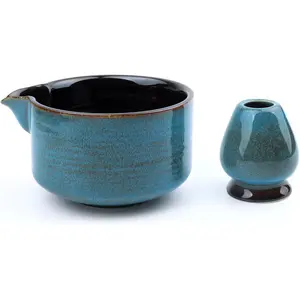 Glazed Ceremonial Japanese Matcha Bowl with Whisk Holder for Matcha Powder Matcha Tea Blue w/Spout