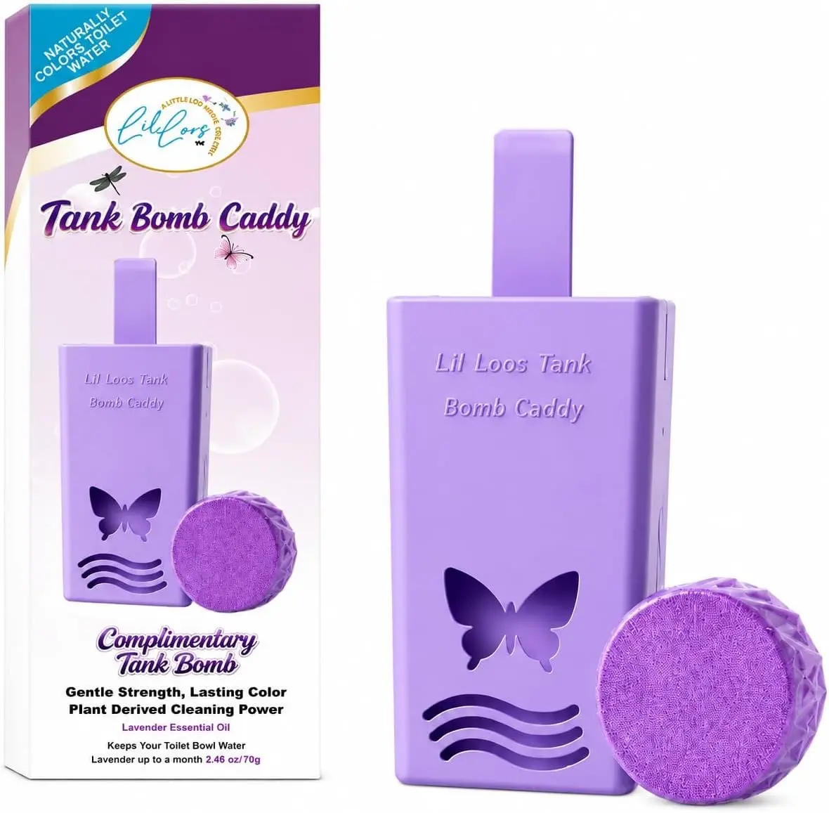 Lil Loos Reusable Toilet Tank Caddy – Includes 1 Toilet Tank Bomb | Cleans, Deodorizes & Colors Water | Up to 30 Days Per Tank Bomb