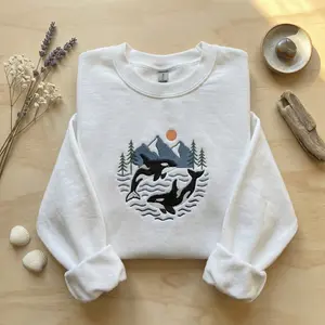 Two Orcas Embroidered Sweatshirt, Killer Whale Marine Lover Jumper, Pacific Northwest Mountain Wildlife Shirt