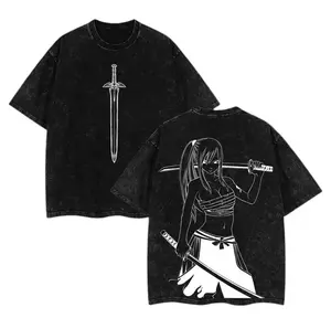 Retro Washed Cotton T-Shirt Erza Scarlet Fairy Tail Vintage Washed Double Printed Unisex Oversize Anime Manga Heavyweight Cotton Tee Top Womenswear Streetwear