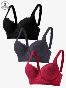 3/4/5 Pack/ 6 colors lace seamless push-up bra, Breathable comfy bra, with underwire, adjustable wide straps, three-row four-hook back design, breathable and skin-friendly fabric. Suitable for work, dates, home