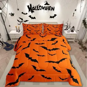 Halloween Comforter Set,Gothic Bats Bedding Set,Spooky Silhouette Bat Quilt for Kids Boys Girls Adults Flying Mysterious Animals Down Comforter