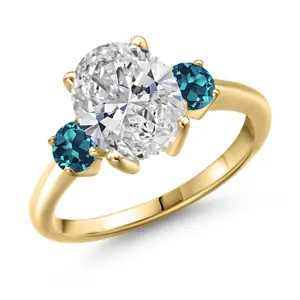 2.66 cttw IGI Certified Lab Grown Diamond and London Blue Topaz 3-Stone Engagement Ring For Women | 18K Yellow Gold Plated Silver | Center 2.00 Ct Diamond | E-F Color | VS1-VS2 Clarity