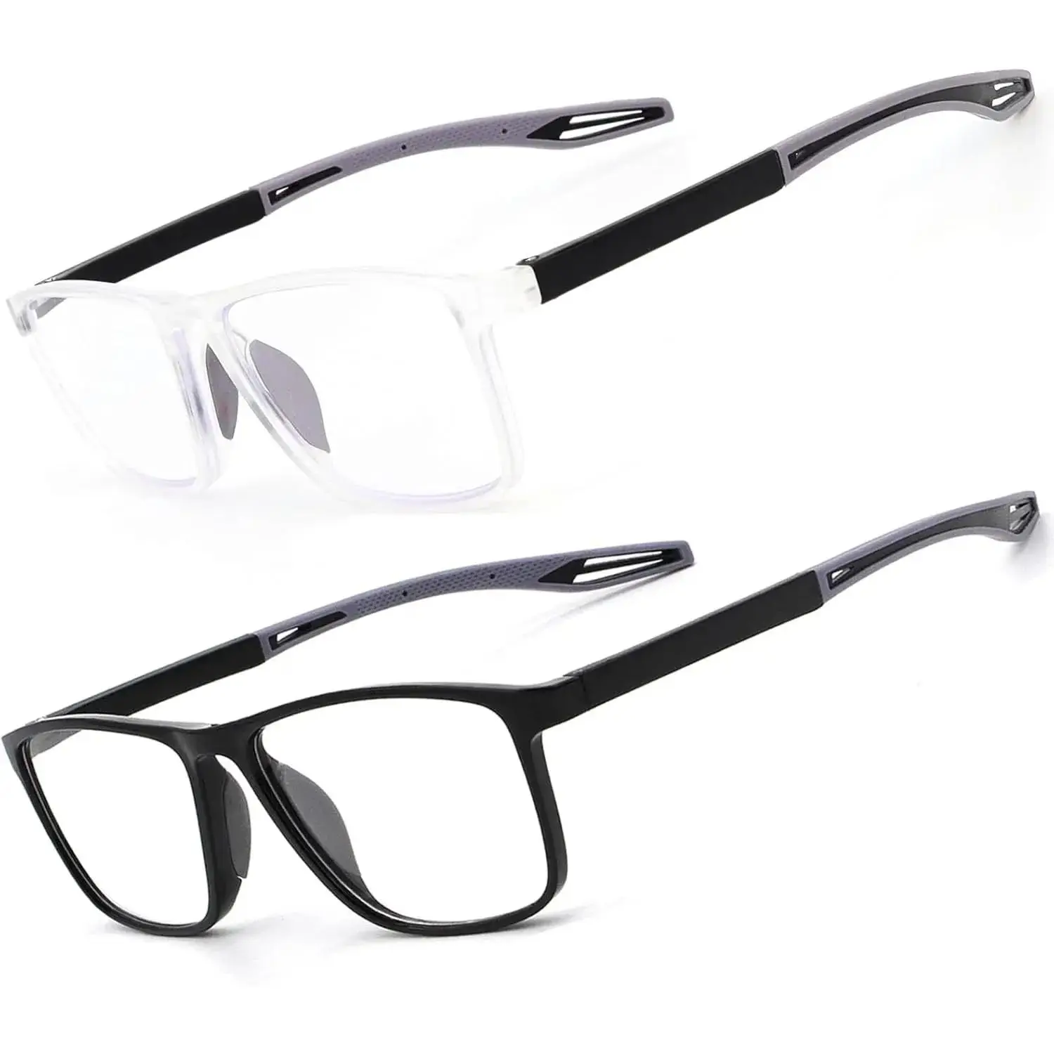 Men's Sports-Style Reading Glasses, 2 Pack Lightweight Anti-Glare Readers with Blue Light Blocking, Black & Transparent +2.50, Sport Look