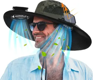 Men Sun Hat with 2 Solar Fan Fishing Wide Brim Sun Hat for Outdoor Summer Camping Beach, USB & Solar Powered