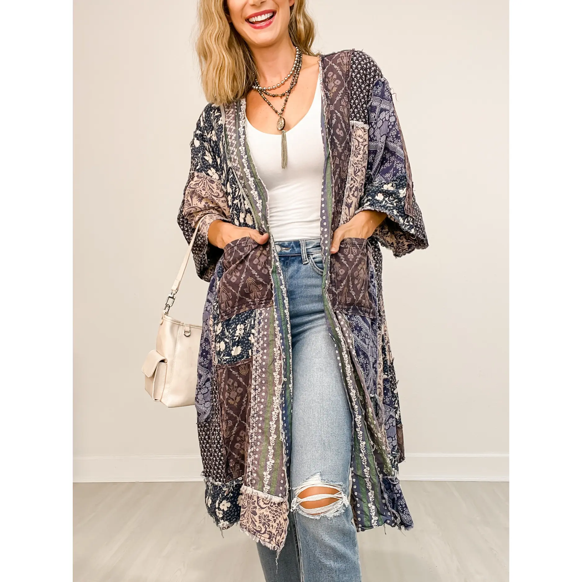 Washed Mix Media Open Front Pocket Cardigan