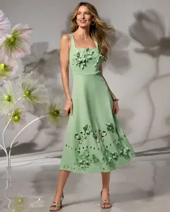 Laser Cut 3D Floral Appliqué Fit & Flare Dress Pastel Green