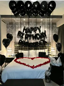 594pcs Black Birthday Balloon Set with 500pcs Red Fake Rose Petals 16" Happy Birthday Foil Letters Heart Shaped Latex PE for Themed Party Decorations