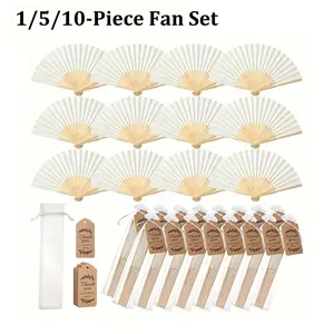 Elegant Portable Folding Fan Set, Includes Thank You Cards and Gift Bags, Bamboo Handheld Fans for Bridesmaids Gifts and Wedding Decorations