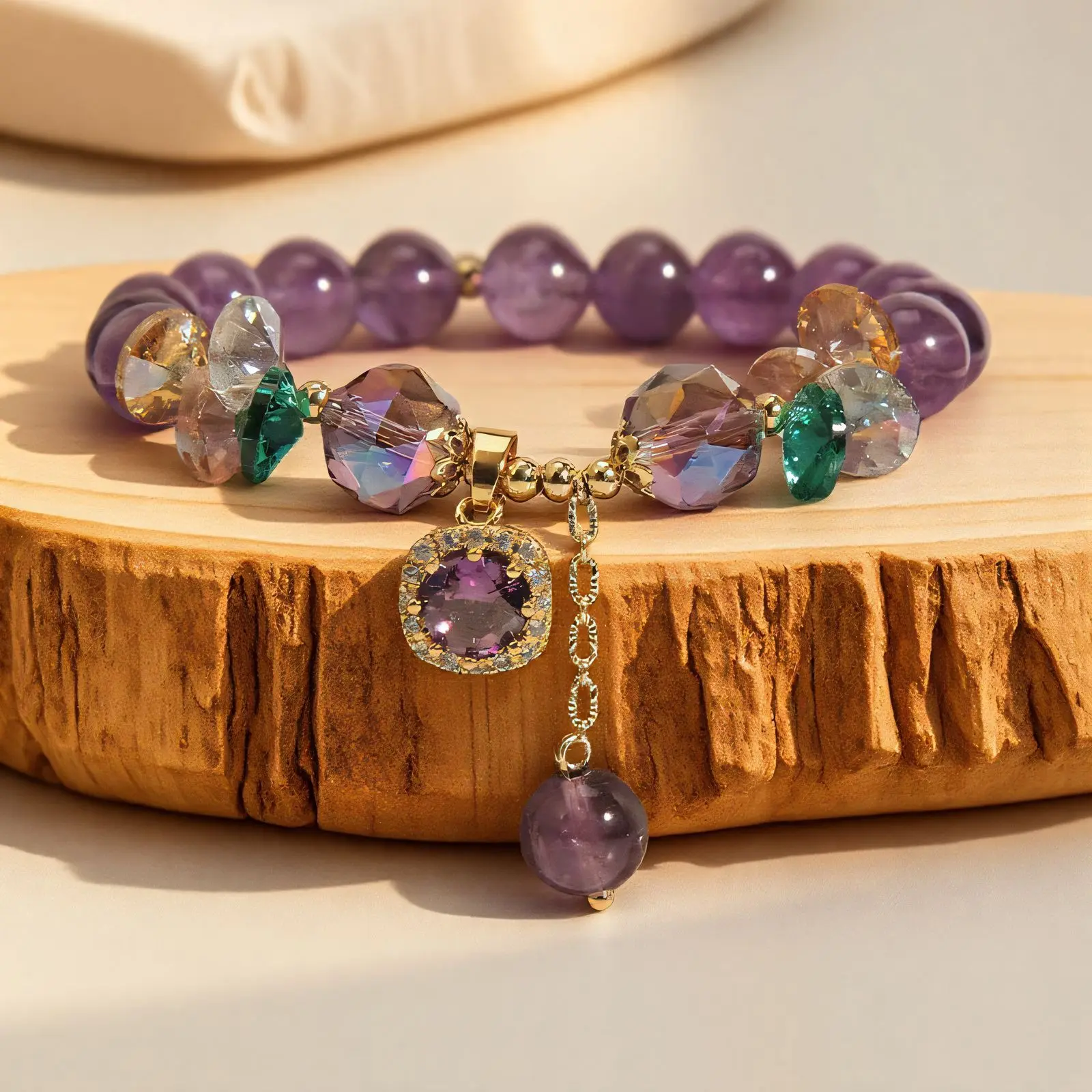 Natural Amethyst Crystal Beaded Bracelet For Women, Healing Calming Anxiety Relief Stone Wrist Jewelry, Multi Faceted Crystal Gold Accent Charm Bracelet, Dainty Purple Gold Spiritual Accessory For Daily Meditation Gift