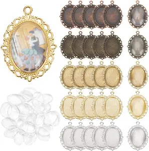 60pcs Pendant Tray Kit, 30pcs 5 Color Oval Pendant Blank Bezel, 30pcs 25 x 18mm Glass Cabochon Dome Tiles Clear Cameo Memorial Photo Pendant for Wedding Bouquet Graduation Photo Charm
