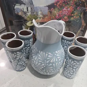 Baby Blue Clay Pitcher with 6 Cups
