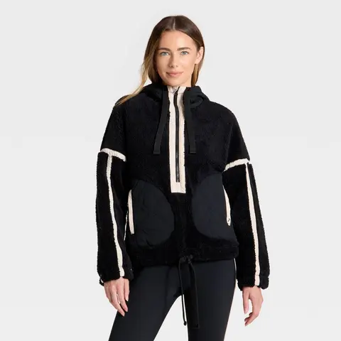 Joylab Women's Contrast High Pile 1/2-Zip Long Sleeve Polyester Athletic Zip-Up Hoodie - Below Waist, Drawstring, Integrated Pocket, Warm Outerwear