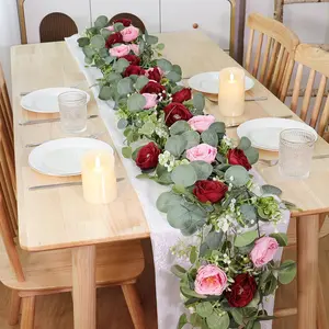 2 Pack 13FT Handmade Faux Eucalyptus Rose Garland, Red Pink Silk Flower Vines for Wedding Table Runner, Aesthetic Home Party Decor