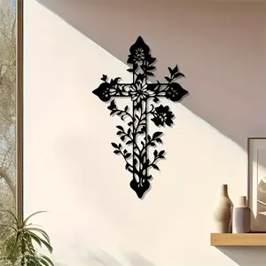 Vintage Metal Jesus Cross with Floral Flower Branches, Christian Wall Art Decor Religious Home Decor for Living Room Bedroom Church, Inspirational Gift for Believers, Stylish Religious Decor