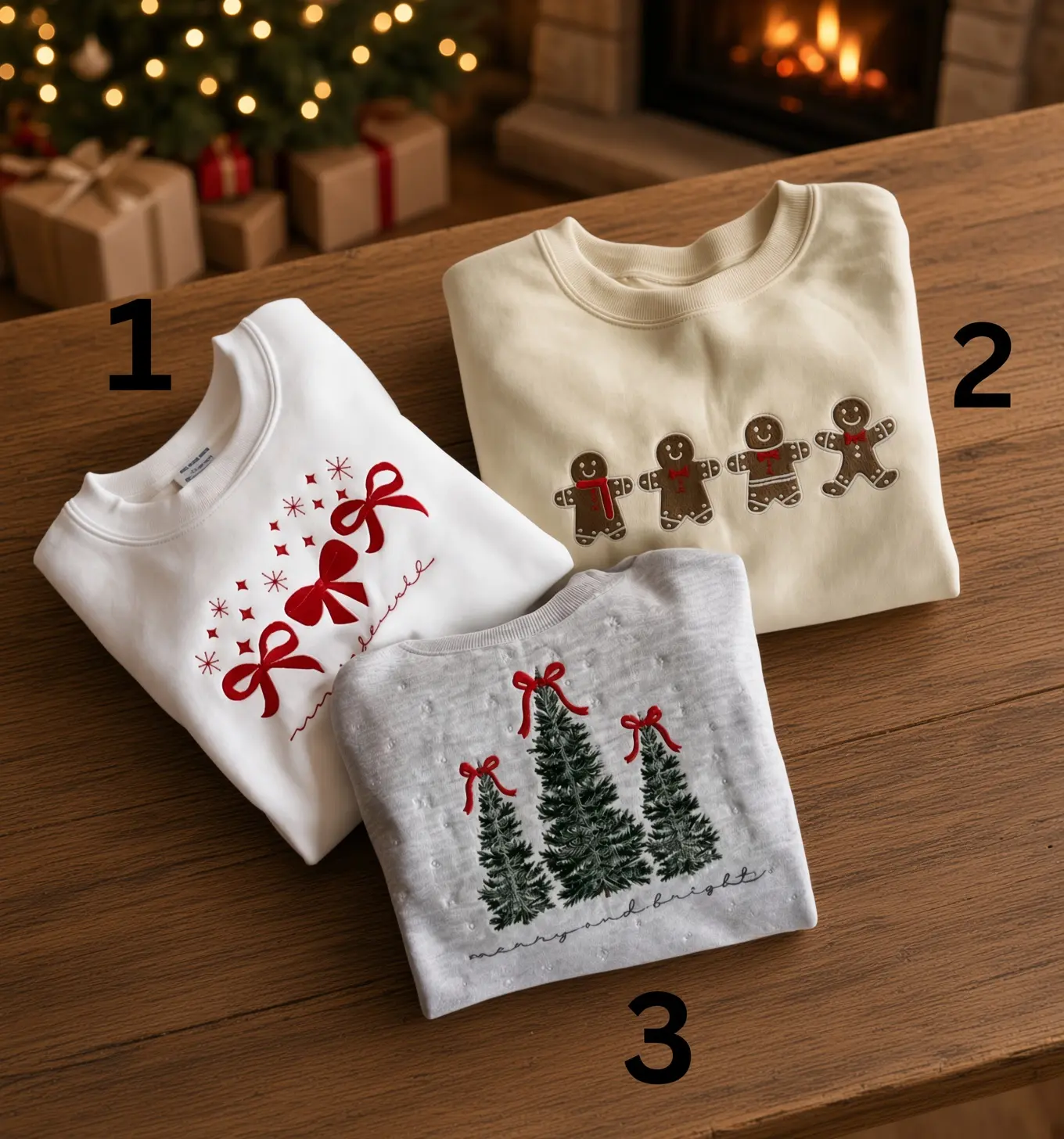 Embroidered Christmas Sweatshirt: Gingerbread Bow Crewneck