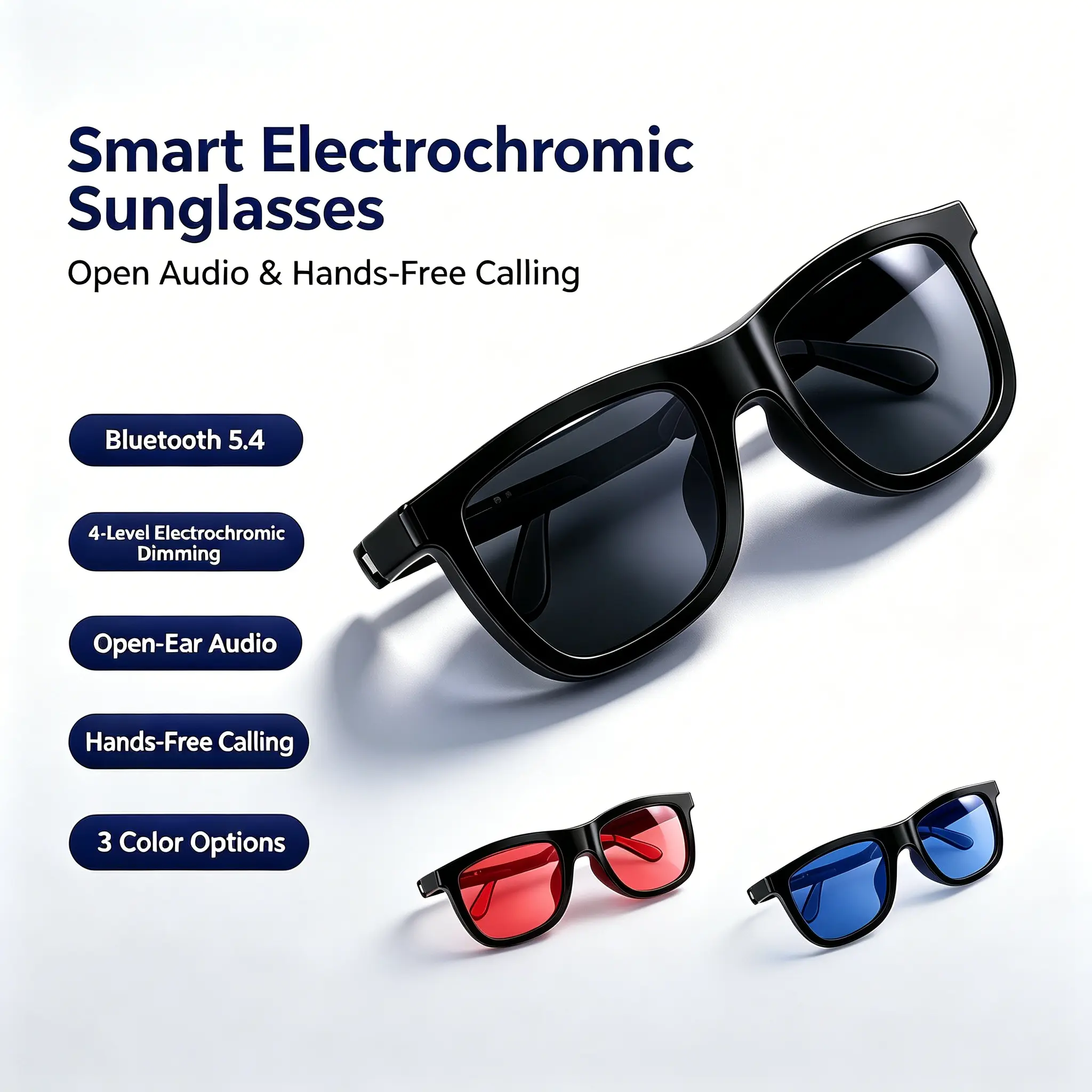2026 Smart Audio Glasses with Electrochromic Lenses, Adjustable Tint Sunglasses for Driving,Travel,Daily Use,Open Ear Bluetooth 5.4,Premium Tech Gadget Gift for Men Women fathersdaygift