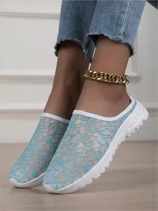 Women Breathable Lace Slip On Mule Sneakers Thick Sole Non Slip Backless Walking Shoes