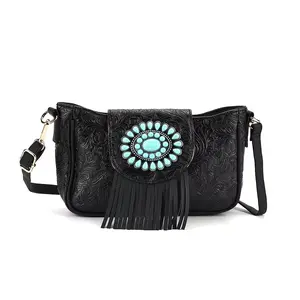 Black Flower Embossed Faux Leather Crossbody Bag with Turquoise Charming Fringes