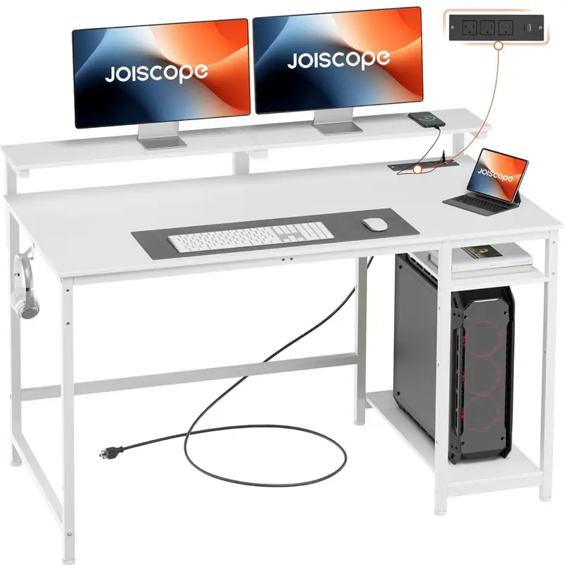 JOISCOPE Home Office Desk with Power Outlets 3AC USB Type C 48x20 Inches Computer Desk with Reversible Shelves Laptop Stand & Monitor Riser White