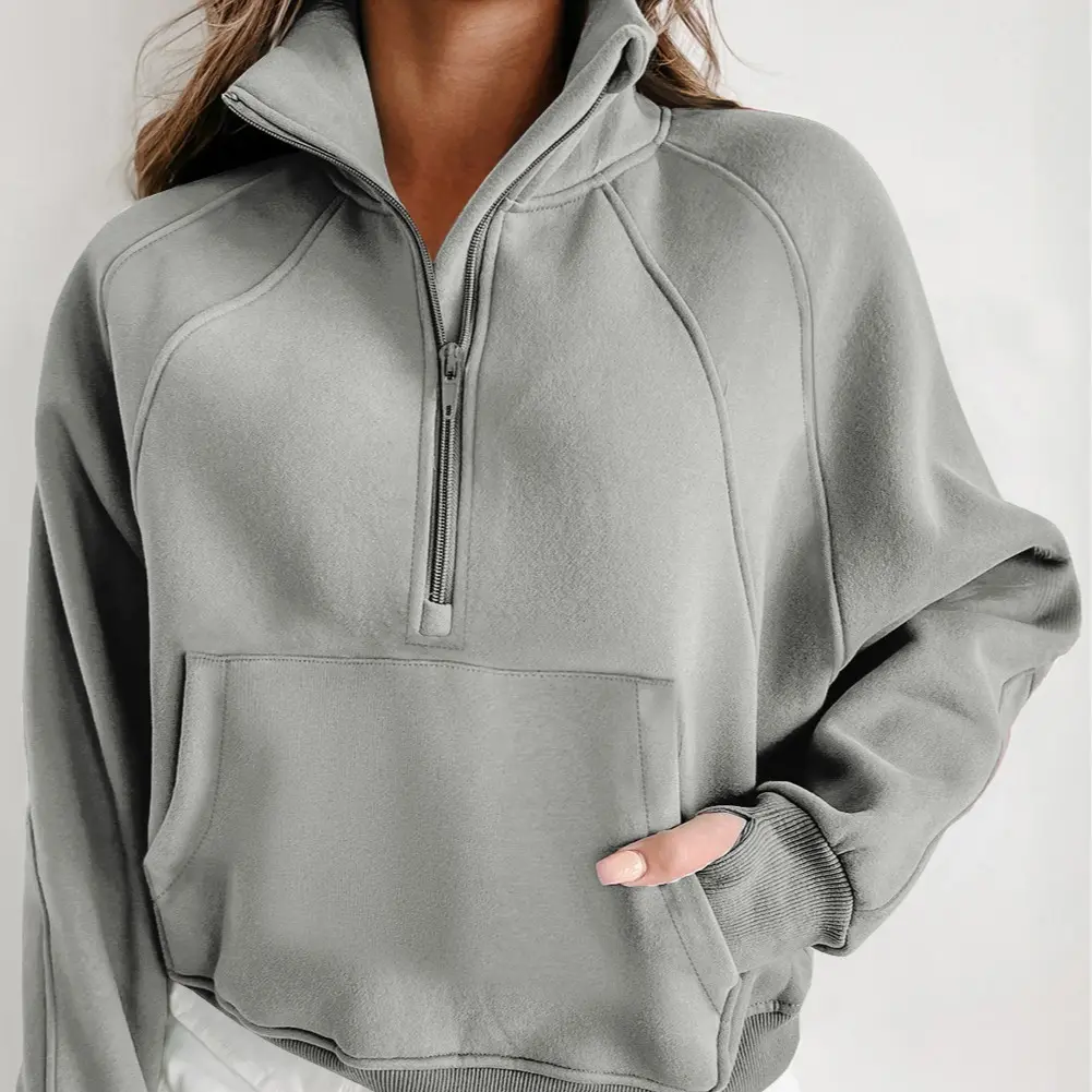 Gray Fleece Lined Zip Up Stand Collar Thumbhole Sleeve Sweatshirt with Front Pocket Design