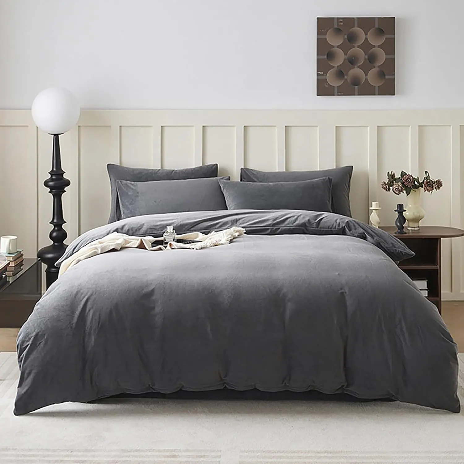 King Size Velvet Fabric Comforter Set, Grey Plush Fluffy Winter Warm Super Heavyweight Flannel Comforter with 2 Pillowcases for Adults