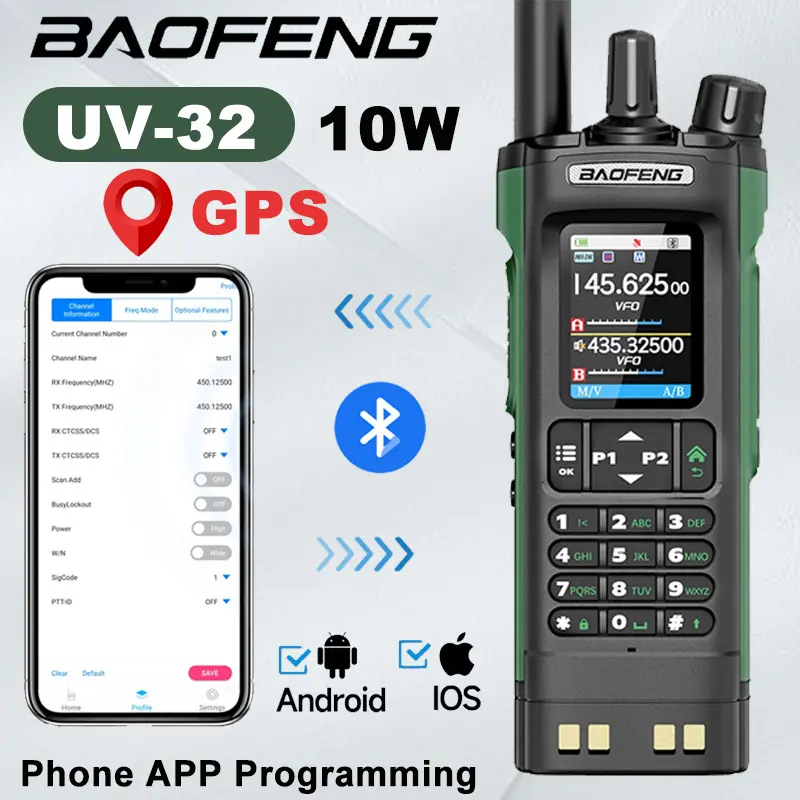BAOFENG UV32 Long Range Ham Radio 10W High Power GPS Bluetooth APP Programming 1000CH Portable Rechargeable Wireless Copy Frequency Handheld Two Way Radio for Outdoor Sports Hiking Hunting Survival Gears Black Green
