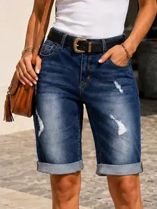 European and American Style High-Waisted Ripped Denim Five-Quarter Pants, Rolled Hem Design, Casual Straight Leg Knee-Length Jeans Shorts